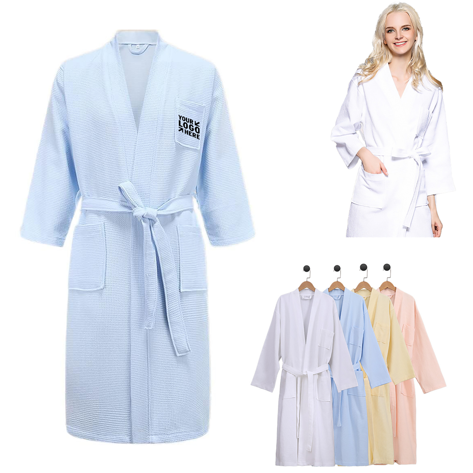 Hotel Embroidered Waffle Robe Kimono Bathrobe