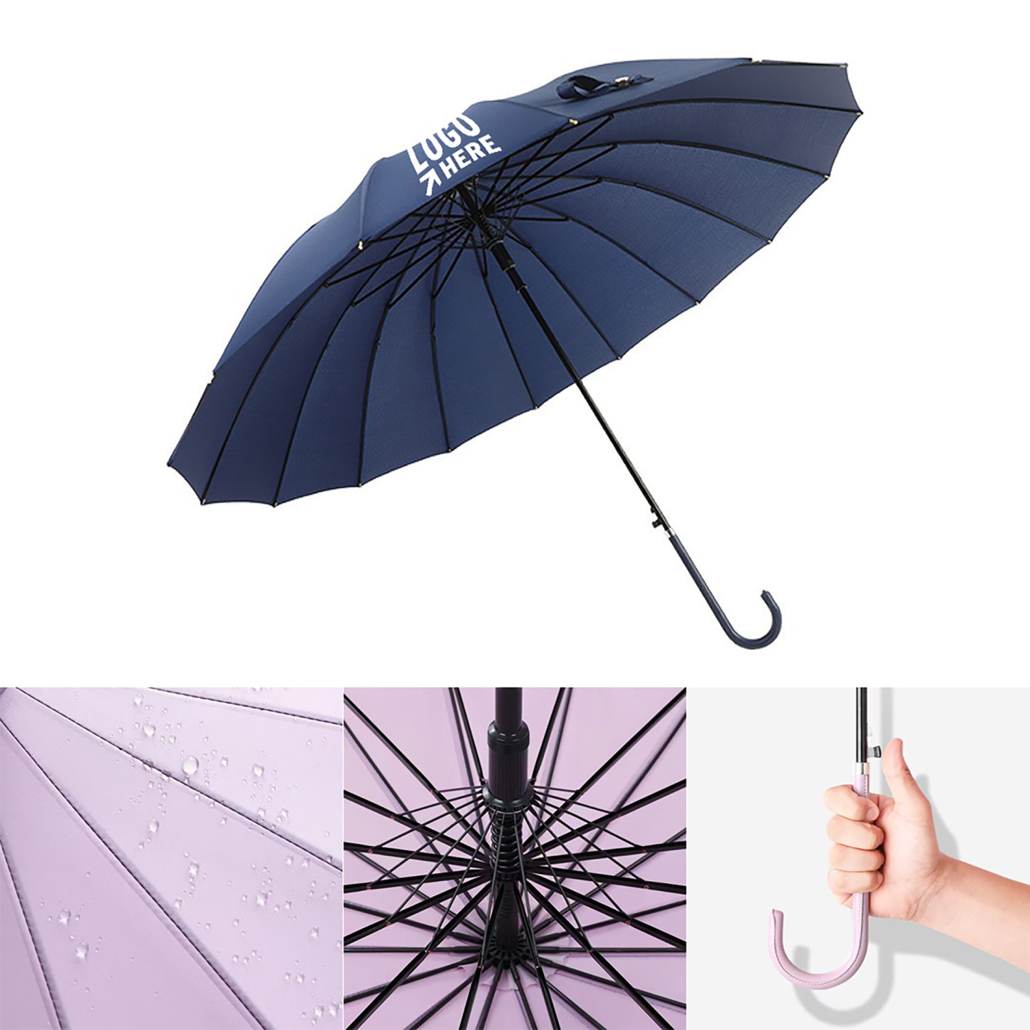 16 Ribs Auto Straight Umbrella w/Leather J Handle