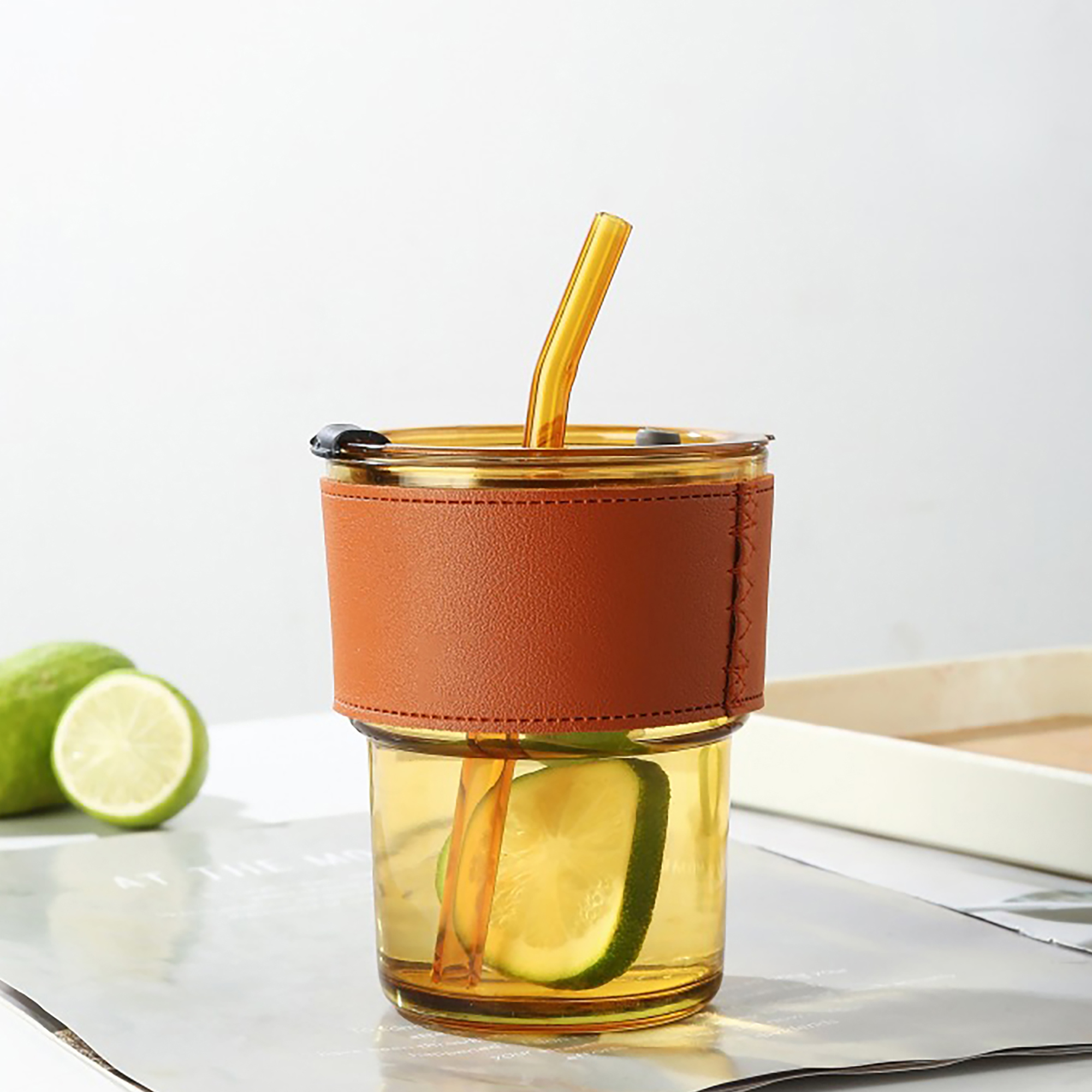 13oz Glass Coffee Mug w/ Straw Lid Leather Sleeve