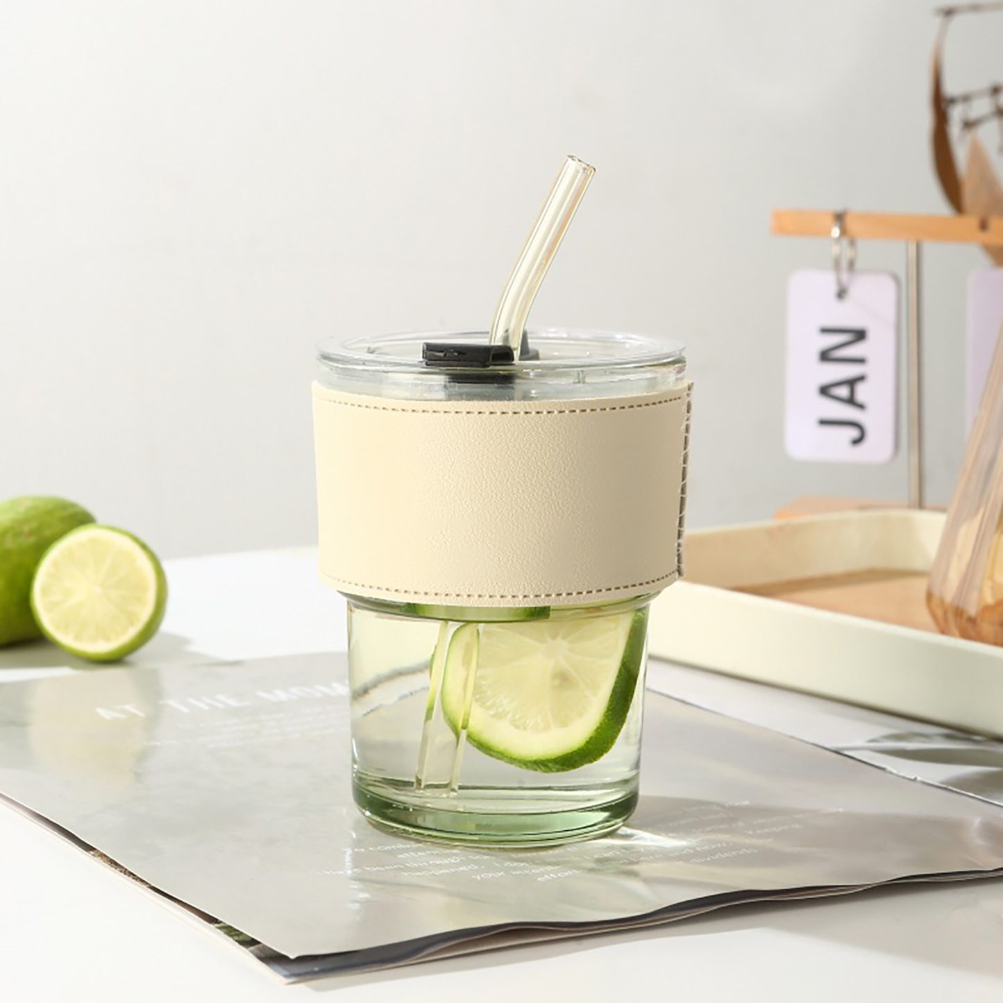 13oz Glass Coffee Mug w/ Straw Lid Leather Sleeve