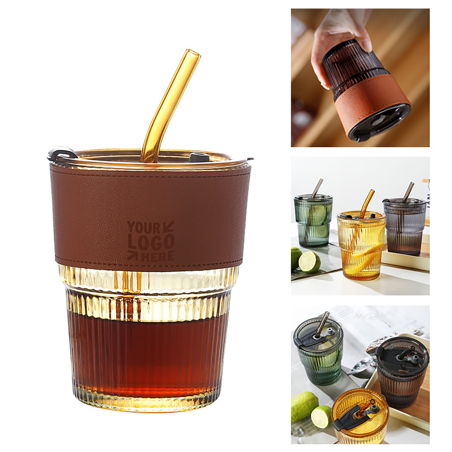 13oz Vertical Stripes Ribbed Glass Mug w/ Straw Lid Sleeve