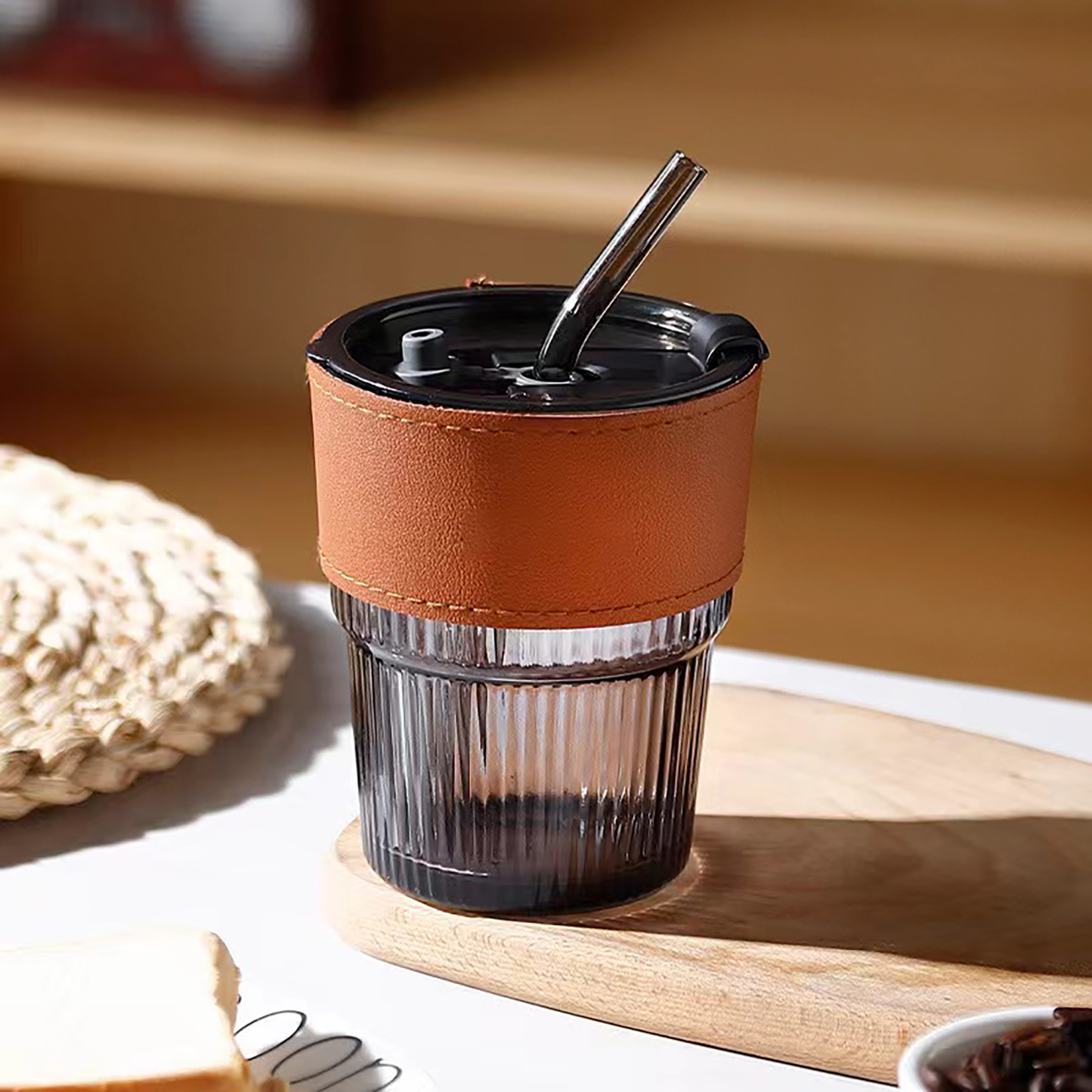 13oz Vertical Stripes Ribbed Glass Mug w/ Straw Lid Sleeve