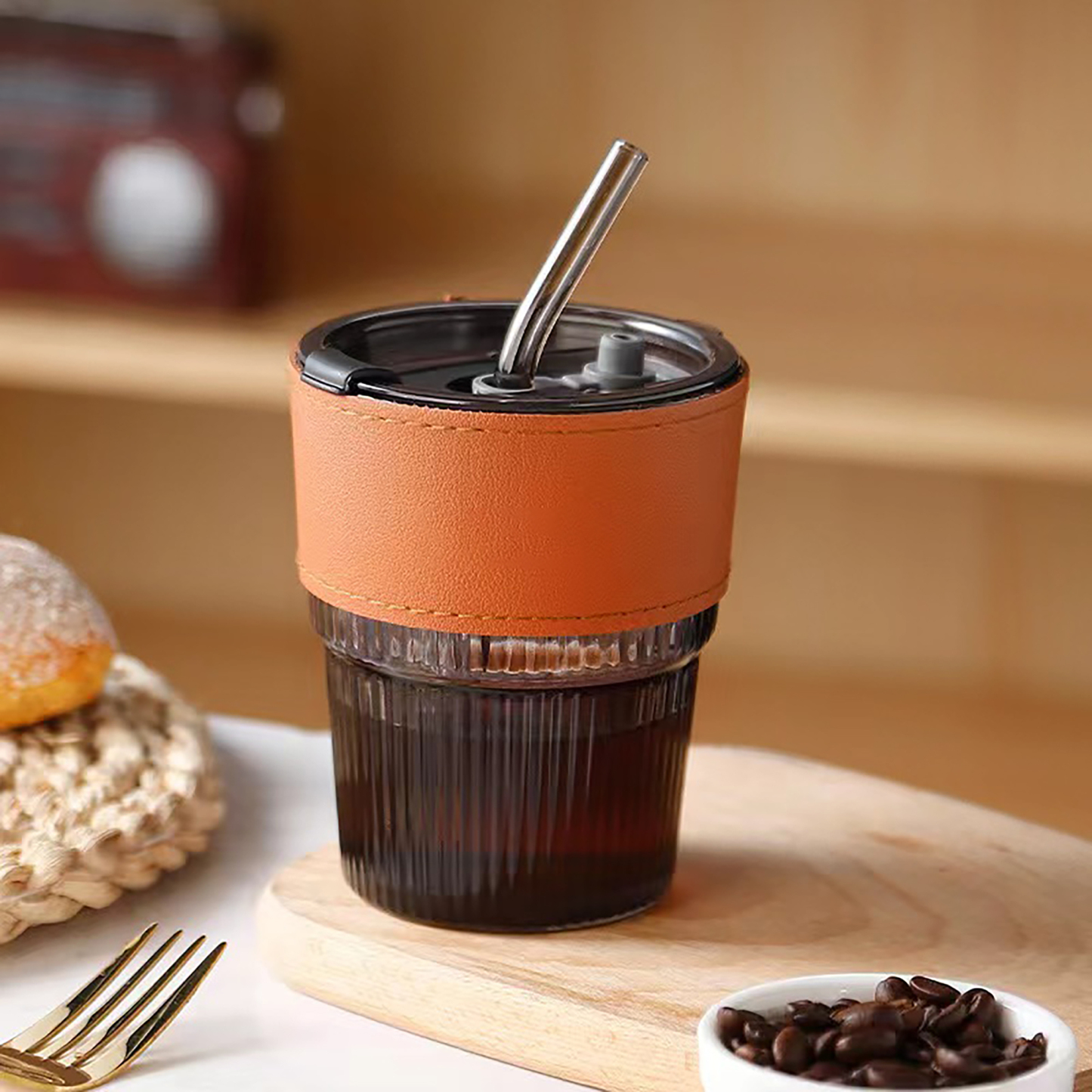 13oz Vertical Stripes Ribbed Glass Mug w/ Straw Lid Sleeve
