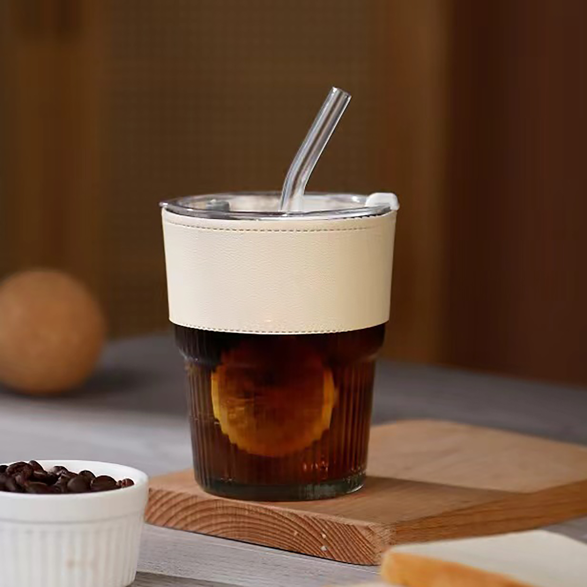 13oz Vertical Stripes Ribbed Glass Mug w/ Straw Lid Sleeve