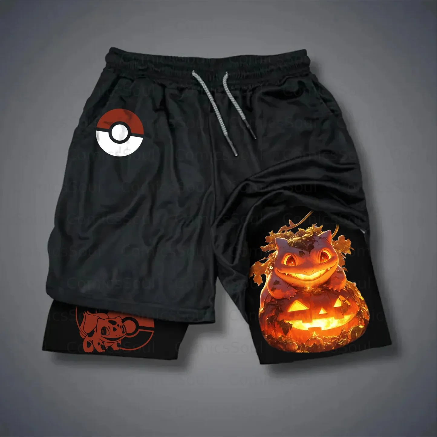 Pokémon Unisex Anime Pattern Halloween Bulbasaur Shorts-Anime x kingdom