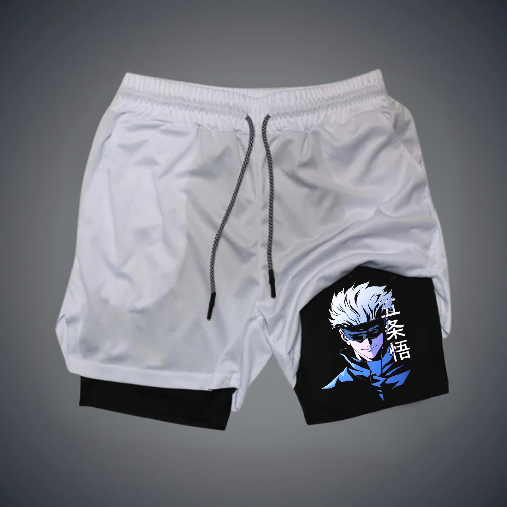 Men's Anime Print Double Layer Gym Shorts-comicclothing