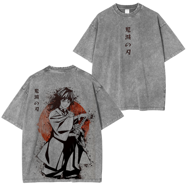 Demon Slayer Giyu Tomioka Anime Unisex Washed T-Shirt-comicclothing