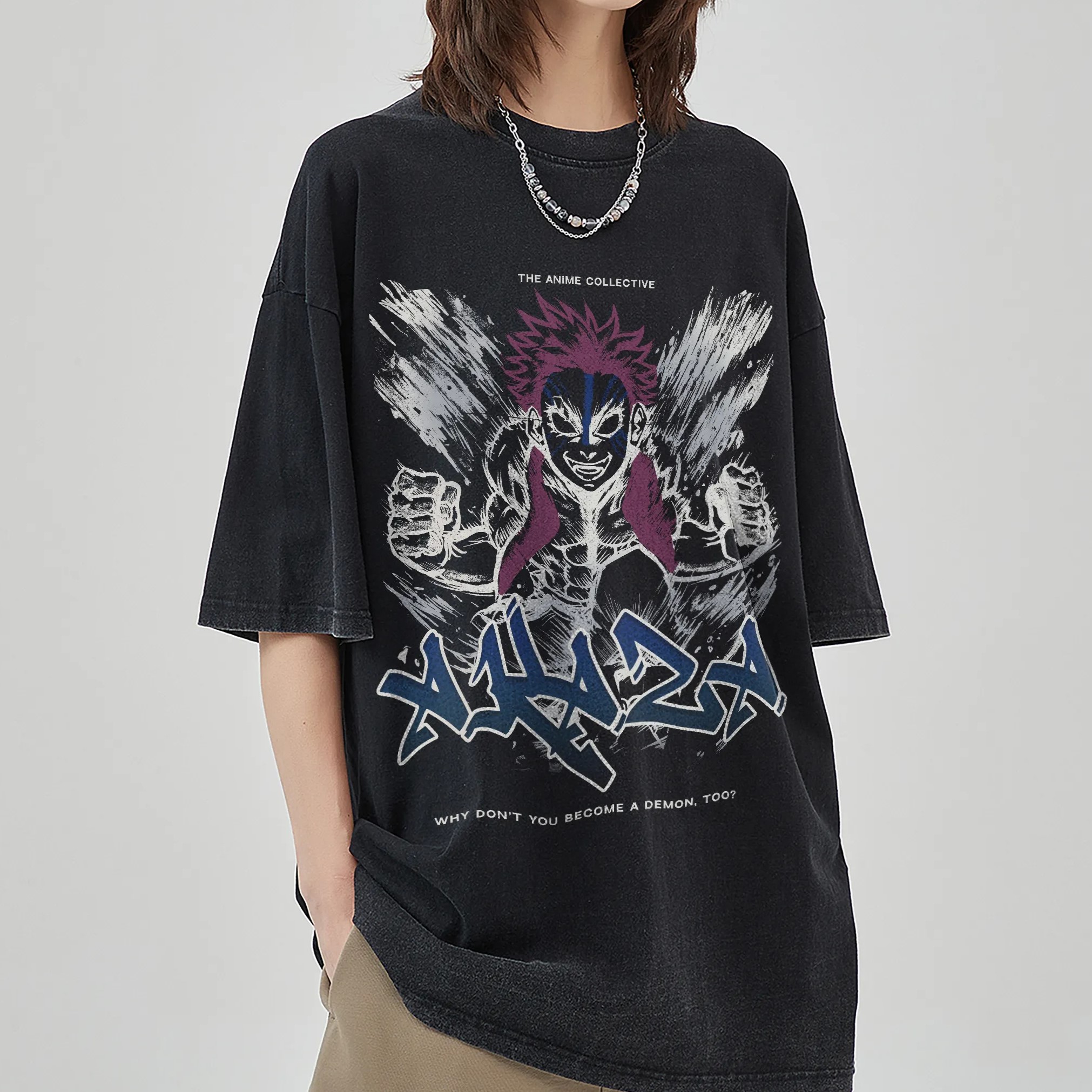 Akaza Vintage Oversized T-Shirt | Demon Slayer-comicclothing