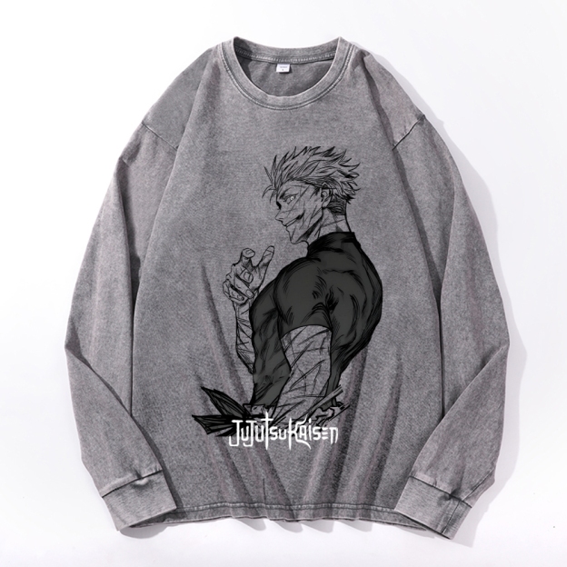 Deep Washed Vintage Anime Print  Long Sleeves T-Shirt