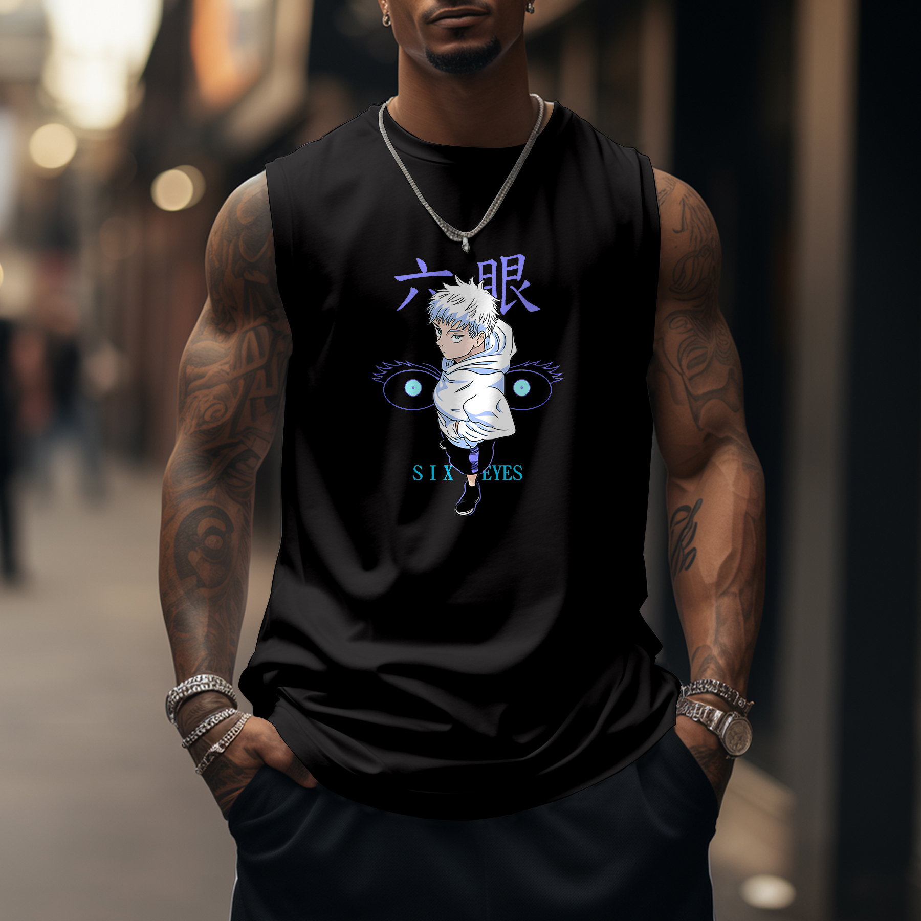 Oversized Anime Six Eyes Printed Tank Top-comicclothing