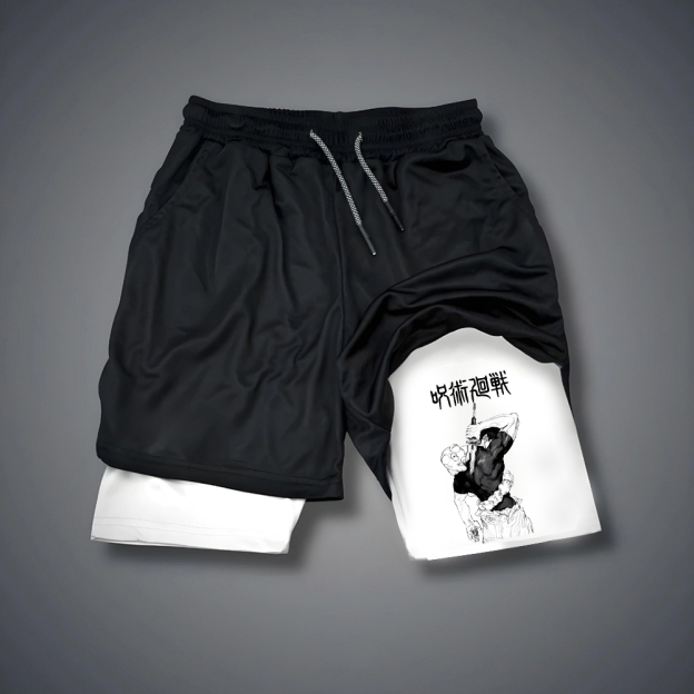 Men's Anime Print Double Layer Gym Shorts-comicclothing