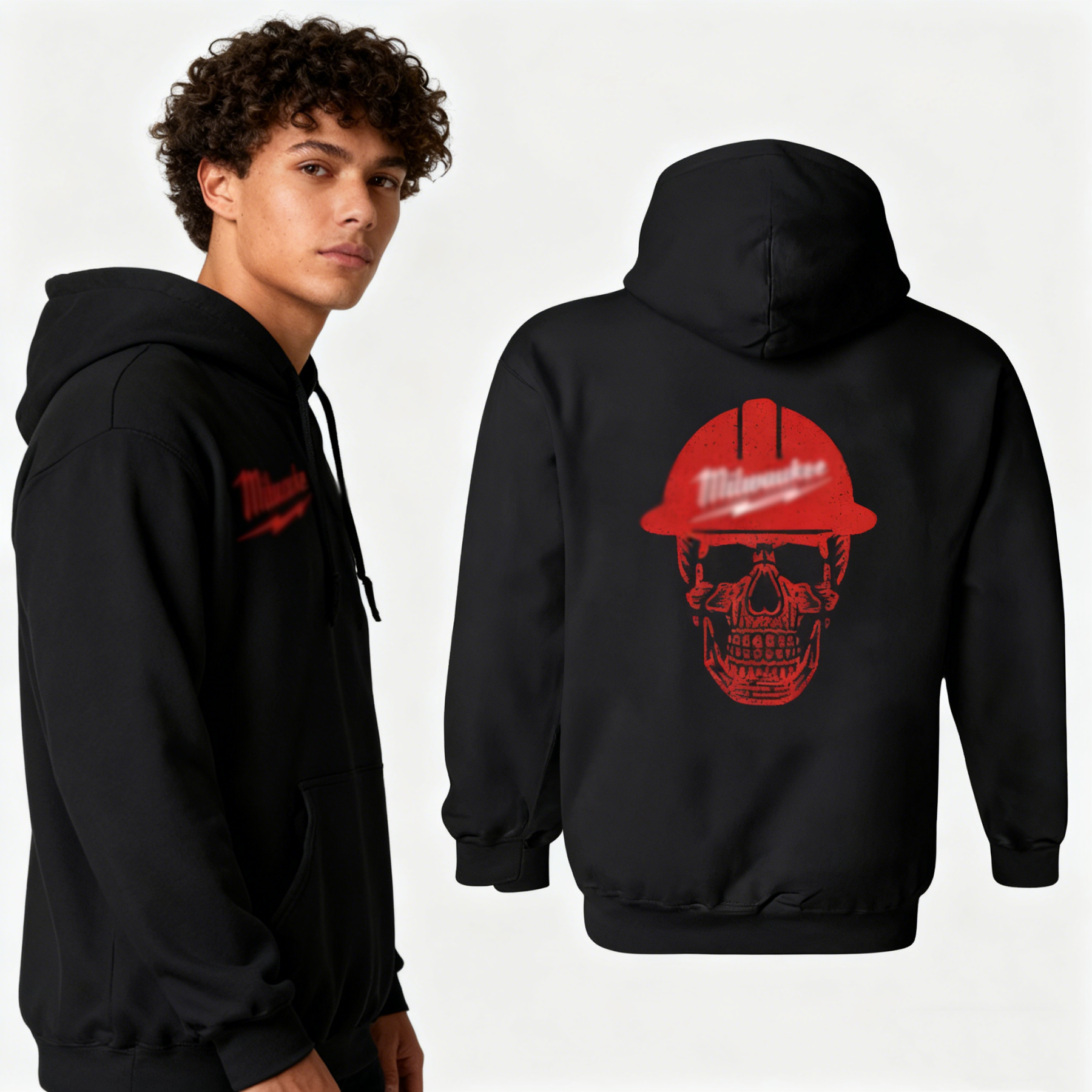 Funny Milwaukee Hoodie/Sweatshirt/T-Shirt Pullover with Red Hard Hat Skull Design