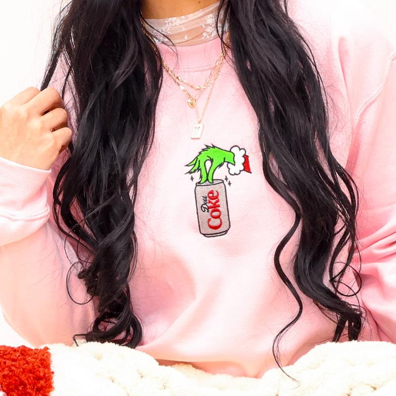 Embroidered Christmas Drink Sweatshirts Classic Womenswear Soft Long Sleeve Multicolor Crewneck for Winter Casual Everyday Wear Light Green Unisex