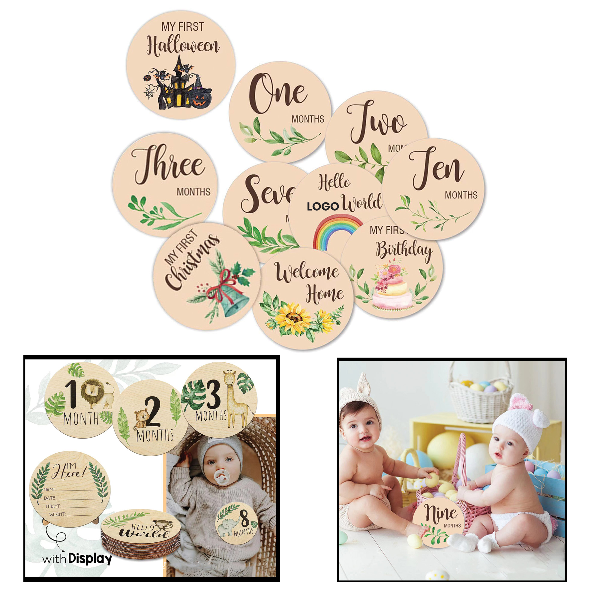 Wooden monthly milestone cards for babies, newborn photography props, round month markers, baby milestone keepsake cards.
