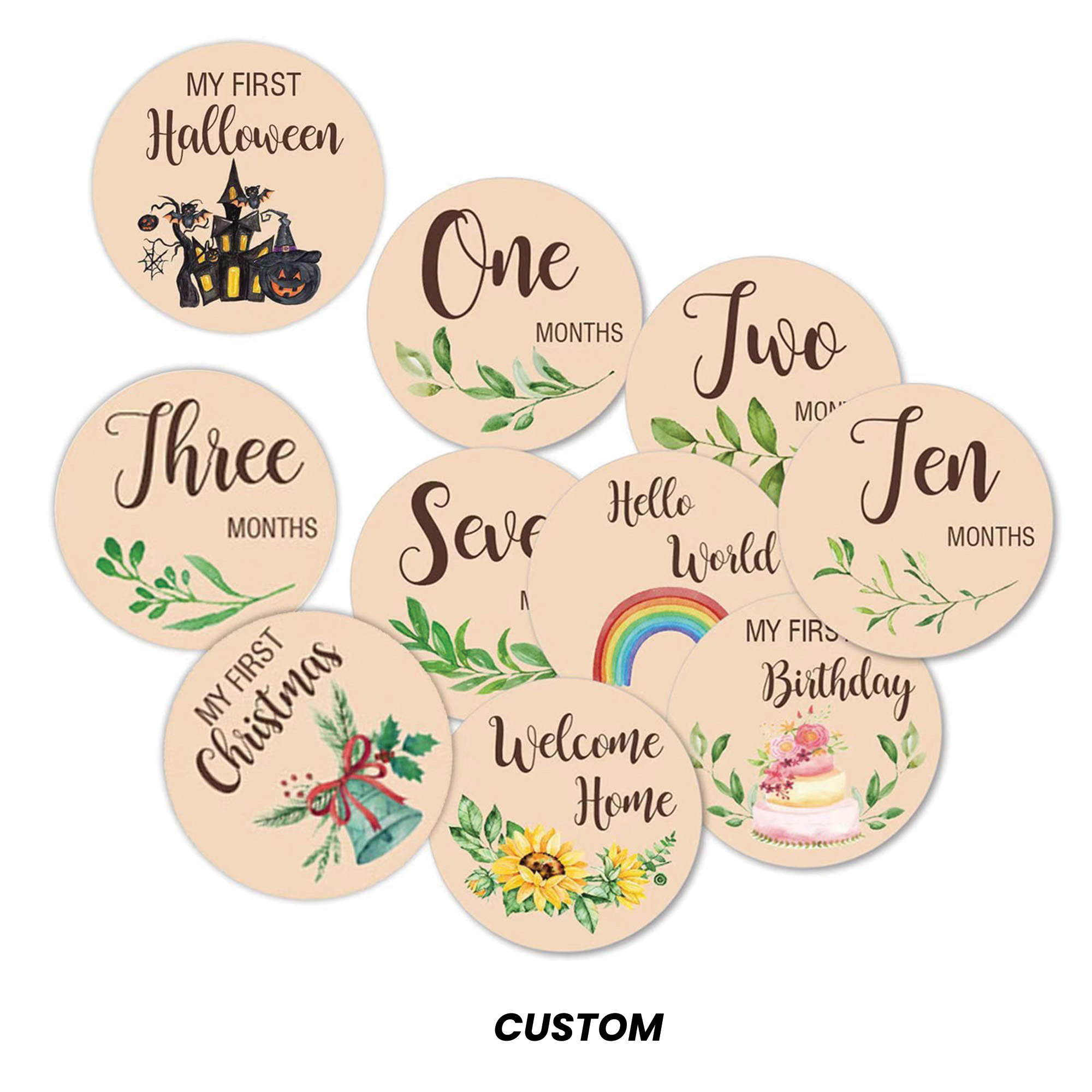 Wooden monthly milestone cards for babies, newborn photography props, round month markers, baby milestone keepsake cards.