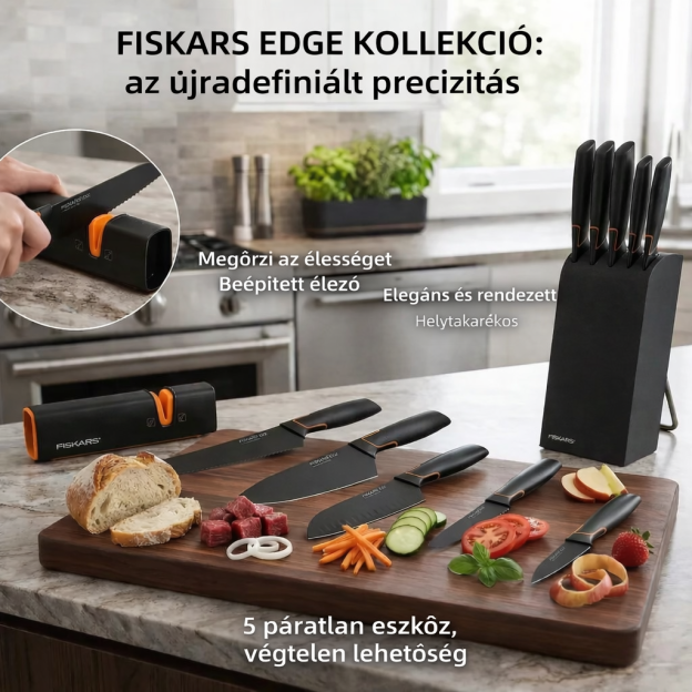 Omejena kúria: FISKARS® 5-darabos késes készlet állóval – FISKARS EDGE, konyhakés + tisztító