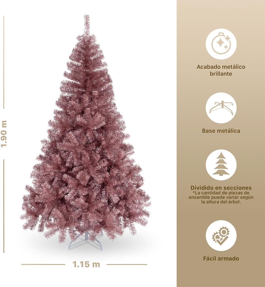 ESQUIMAL Árbol de Navidad Ramas Métalicas Frondosas de Pet Pino Navideño Artificial (Oro Rosa, 1.90 m)
