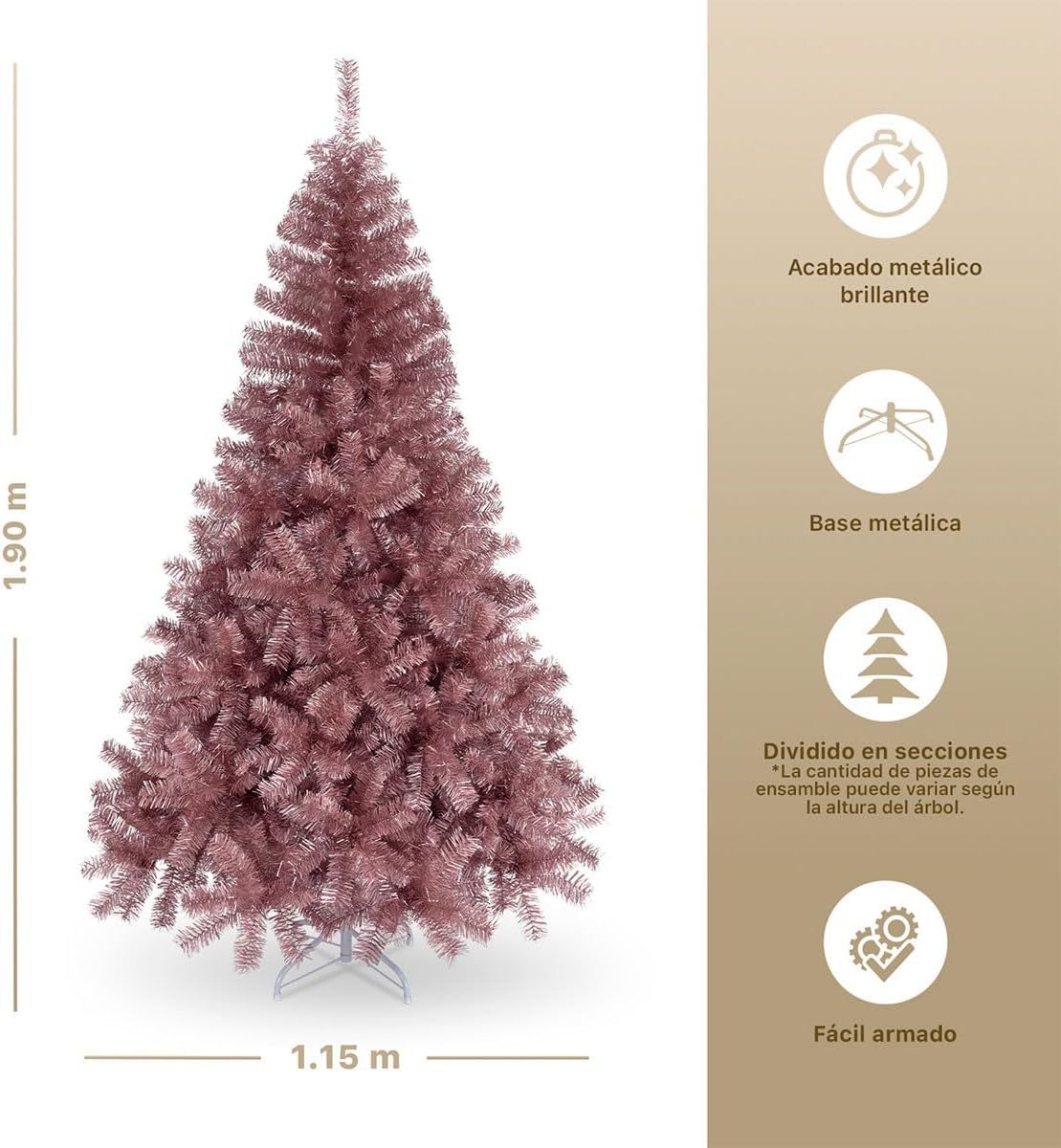 ESQUIMAL Árbol de Navidad Ramas Métalicas Frondosas de Pet Pino Navideño Artificial (Oro Rosa, 1.90 m)