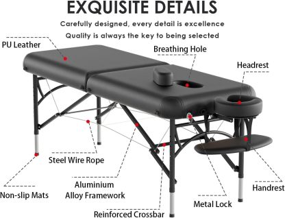 CLORIS - Mesa de masaje profesional de 84 pulgadas, portátil, 2 plegables, ligera, para spa, cama de tatuaje, altura ajustable con bolsa de transporte y pierna de aluminio que soporta hasta 1000