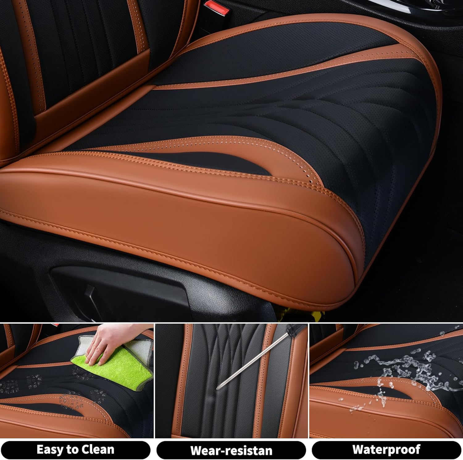 FLORICH - Juego completo de fundas de asiento de piel, fundas universales para 5 asientos, protector de asiento de coche, cojín de piel para asiento de coche, fundas de asiento de automóvil marrones,