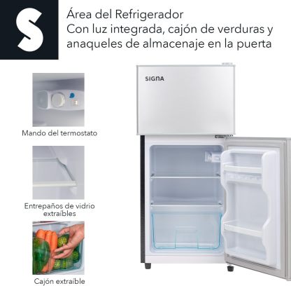 SIGNA Mini Refrigerador 86L (3 pies cubicos) Frigobar Compacto Silver Refrigerador Pequeño Con congelador de Acero Inoxidable Ideal Para Espacios Pequeños Frigobar Mini Multifuncional