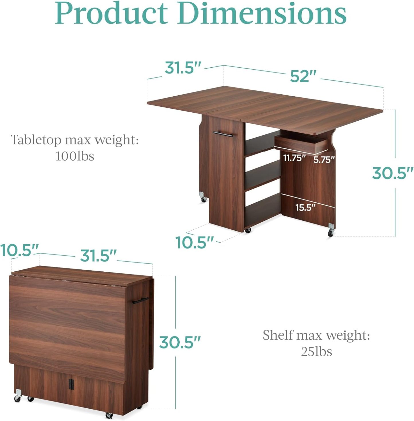 Best Choice Products - Mesa de comedor plegable, multiusos para ahorrar espacio, con ruedas, 3 estantes de almacenamiento, color café