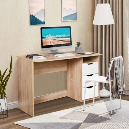Mesa de Estudio de Escritura Multipropósito para Computadora con 3 Cajones de Guía Deslizantes Laterales Diseño Minimalista Moderno Escritorio de Oficina de Madera Haya