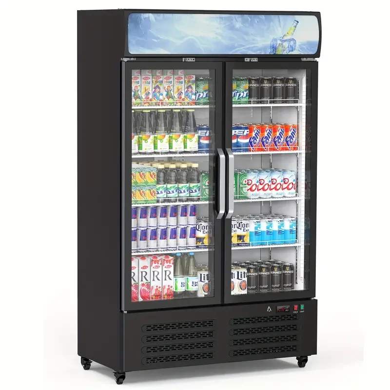 Refrigerador comercial para bebidas HUFY de 26.2 pies cúbicos con 2 puertas de vidrio, enfriador vertical para bebidas con iluminación LED, estantes ajustables y organizadores de bebidas, enfriamiento de 32 a 50