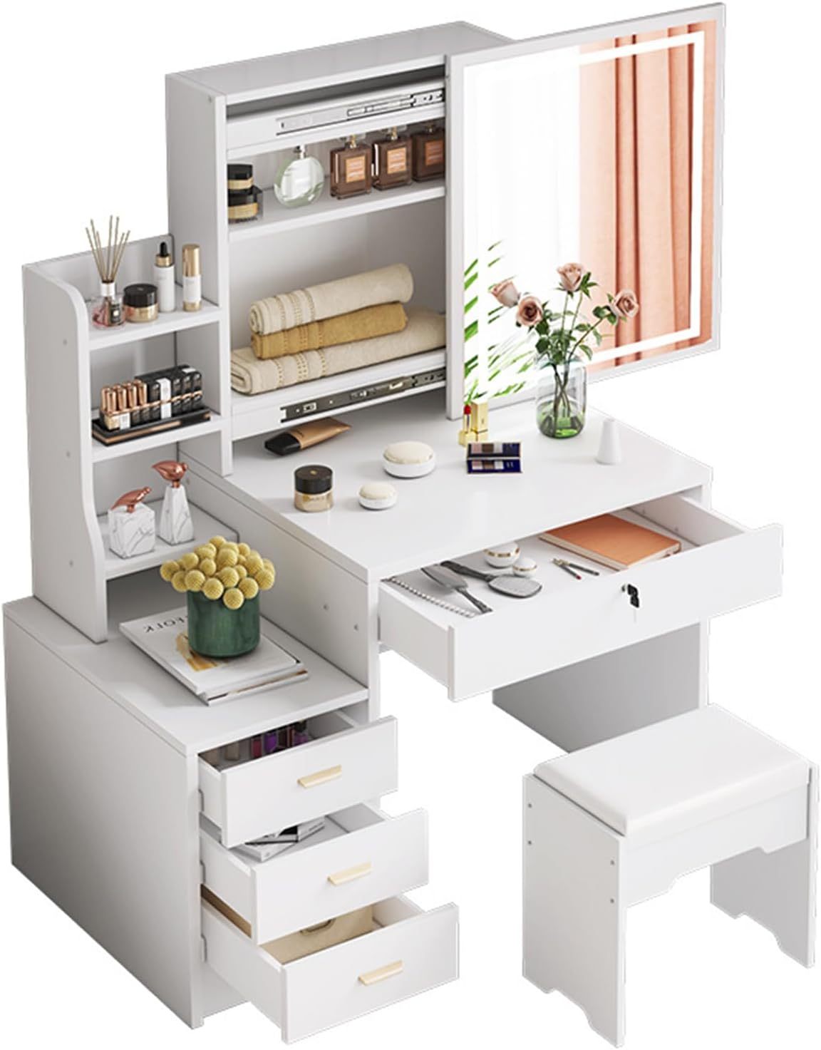 CAREEPD Tocador Vanity con Espejo luz led, tocador con Espejo con 4 Cajones, Escritorio de Maquillaje con Espejo Iluminado Led en 3 Colores,Blanco cálido Tocador de señora (Gabinete Izquierdo)