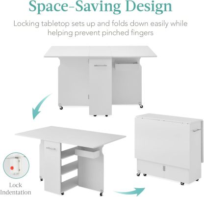 Best Choice Products - Mesa de comedor plegable, multiusos para ahorrar espacio, con ruedas, 3 estantes de almacenamiento, color café