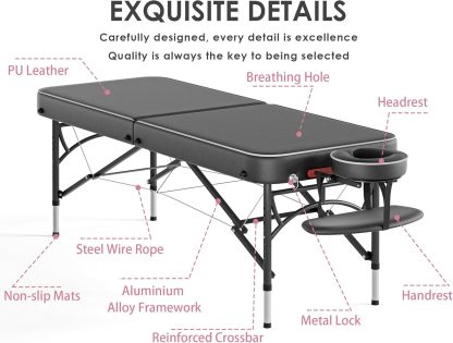CLORIS - Mesa de masaje profesional de 84 pulgadas, portátil, 2 plegables, ligera, para spa, cama de tatuaje, altura ajustable con bolsa de transporte y pierna de aluminio que soporta hasta 1000