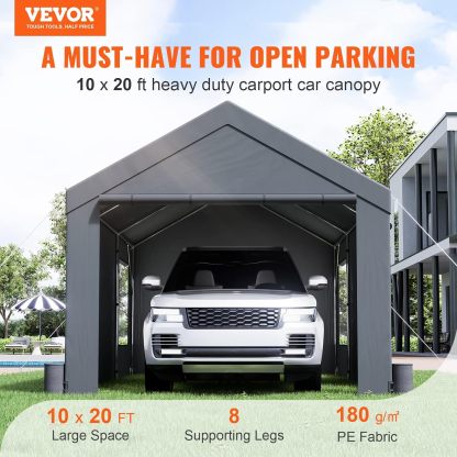 VEVOR Carport - Toldo de Acero Resistente de 10 x 20 pies, cochera portátil con 4 Bolsas de Arena, Ventanas ventiladas enrollables y Pared Lateral extraíble, Lona para Todas Las Estaciones para