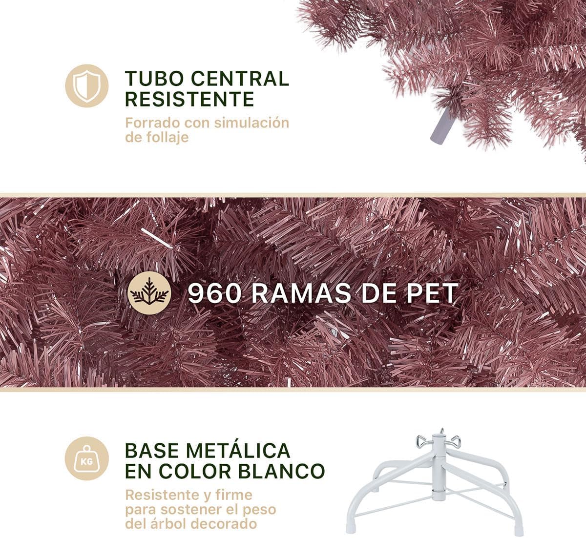 ESQUIMAL Árbol de Navidad Ramas Métalicas Frondosas de Pet Pino Navideño Artificial (Oro Rosa, 1.90 m)
