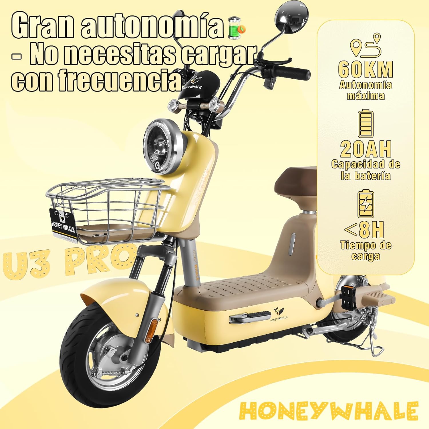 HONEYWHALE U3 PRO Bicicleta Electrica para Adultos, Moto Electrica con Alarma, Potencia Motor 650W-Max, Velocidad 31KM/H-Max, Autonomia 60KM, Bateria 20AH de Gran Capacidad