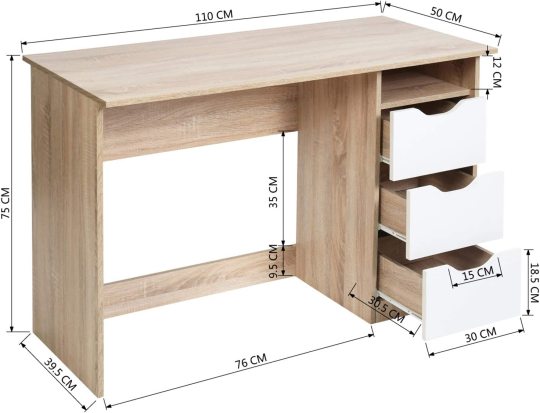 Mesa de Estudio de Escritura Multipropósito para Computadora con 3 Cajones de Guía Deslizantes Laterales Diseño Minimalista Moderno Escritorio de Oficina de Madera Haya