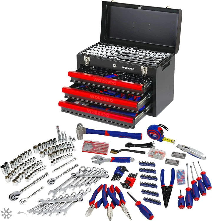 WorkPro - W009044A Juego de herramientas mecánicas de 408 piezas con caja de metal resistente de 3 cajones—llave de copo de nieve