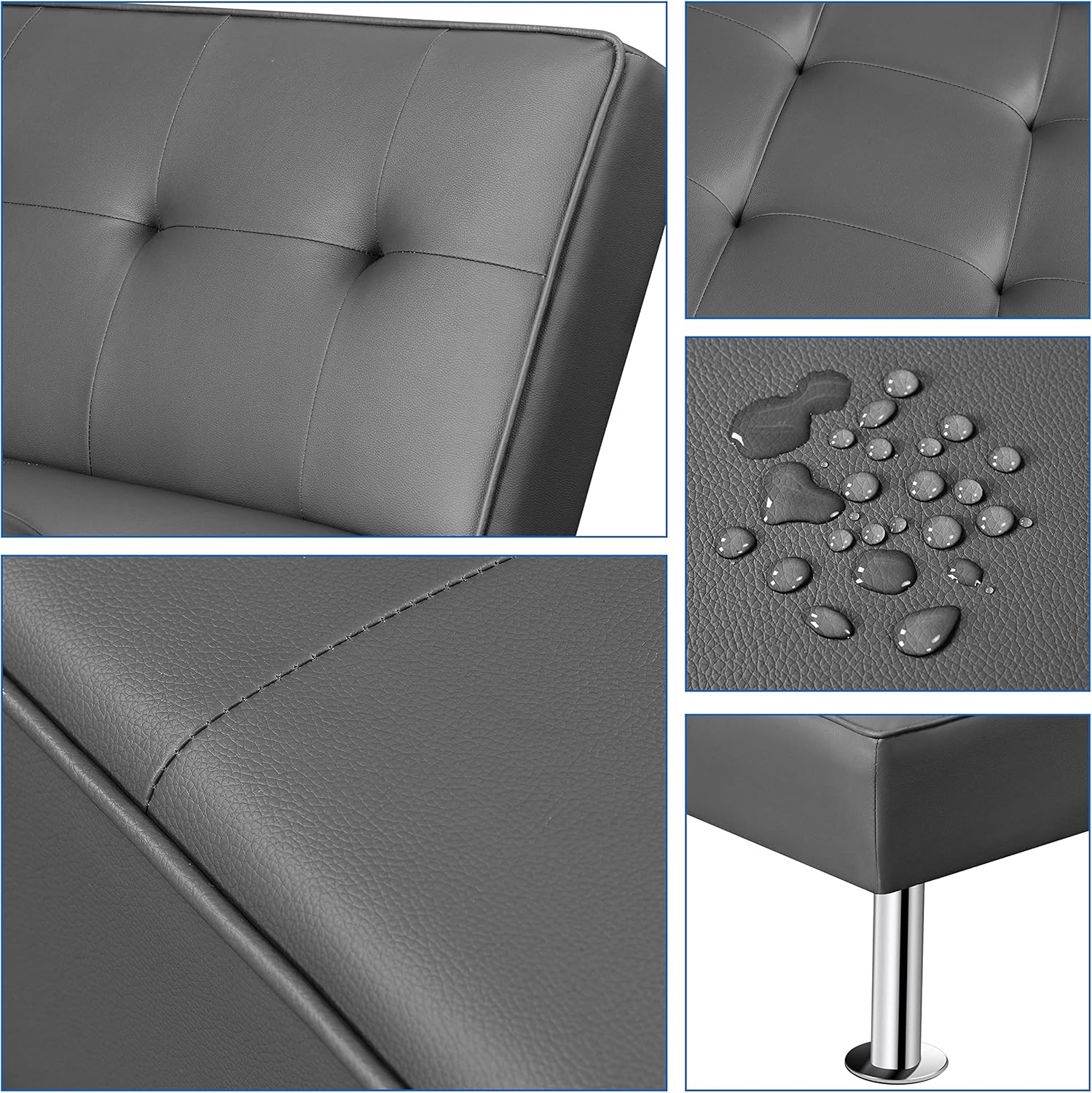 Yaheetech - Sofá Convertible de Piel sintética, sofá Cama, sofá de futón, sofá Ajustable, sofá de futón, Muebles de Sala de Estar con Patas de Metal Chapado en Cromo, Gris