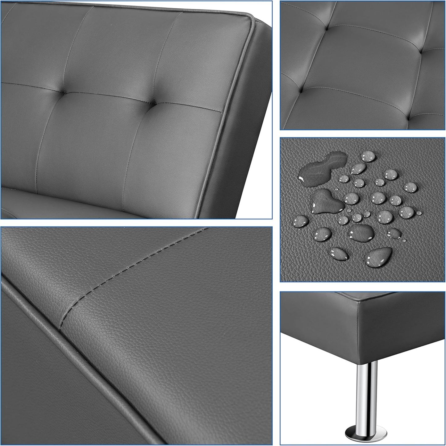 Yaheetech - Sofá Convertible de Piel sintética, sofá Cama, sofá de futón, sofá Ajustable, sofá de futón, Muebles de Sala de Estar con Patas de Metal Chapado en Cromo, Gris