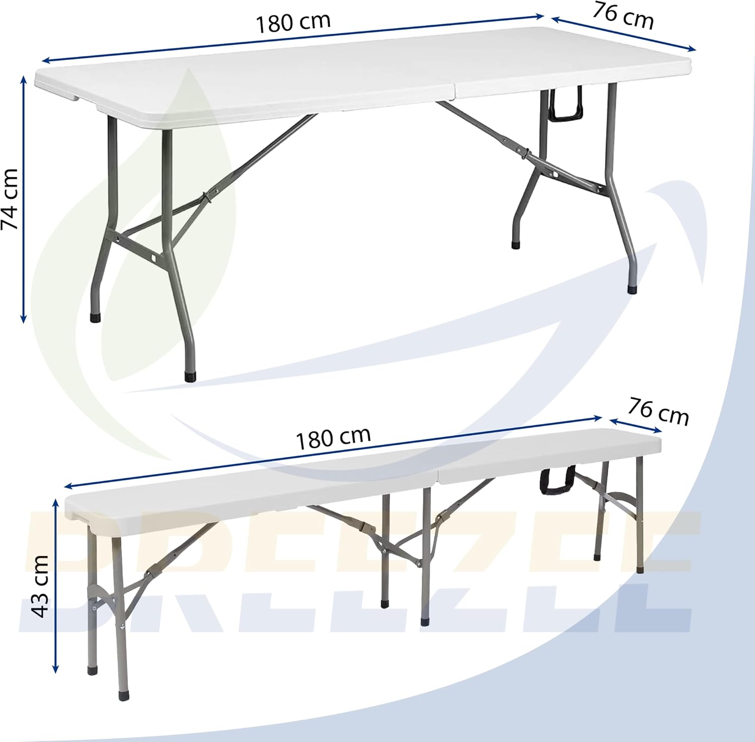 BREEZEE Set de Mesa Plegable y Bancas Plegables 180 x 76 cm, Color Blanco, Diseño Portátil, Tipo Portafolio, Ideal para Exteriores e Interiores, Comedor para Jardín, Hogar, Oficina, Playa, Fiestas