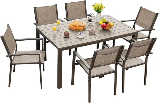 Juego de comedor para patio, 7 piezas, marco de metal, muebles de exterior con 6 sillas de textileno y mesa rectangular, juego de conversación de cocina familiar para patio trasero, césped, terraza (café)