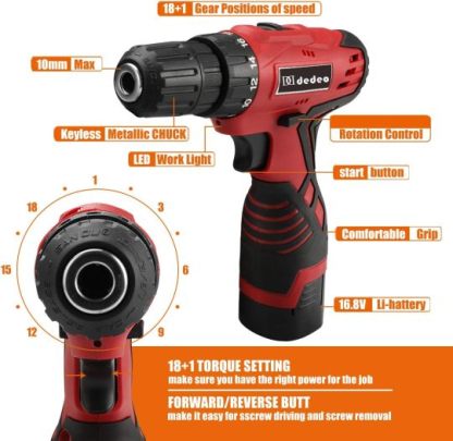 Tool Set with Drill, 108Pcs Cordless Drill Household Power Tools Set with 16.8V Lithium Driver Claw Hammer Wrenches Pliers DIY Accessories Tool Kit