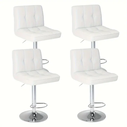 Conjunto de 4 taburetes de bar: Cuero PU de lujo, giratorios y ajustables, taburetes de mostrador de cocina sin brazos con cojín engrosado y respaldo, taburetes de bar de isla hidráulica, negro