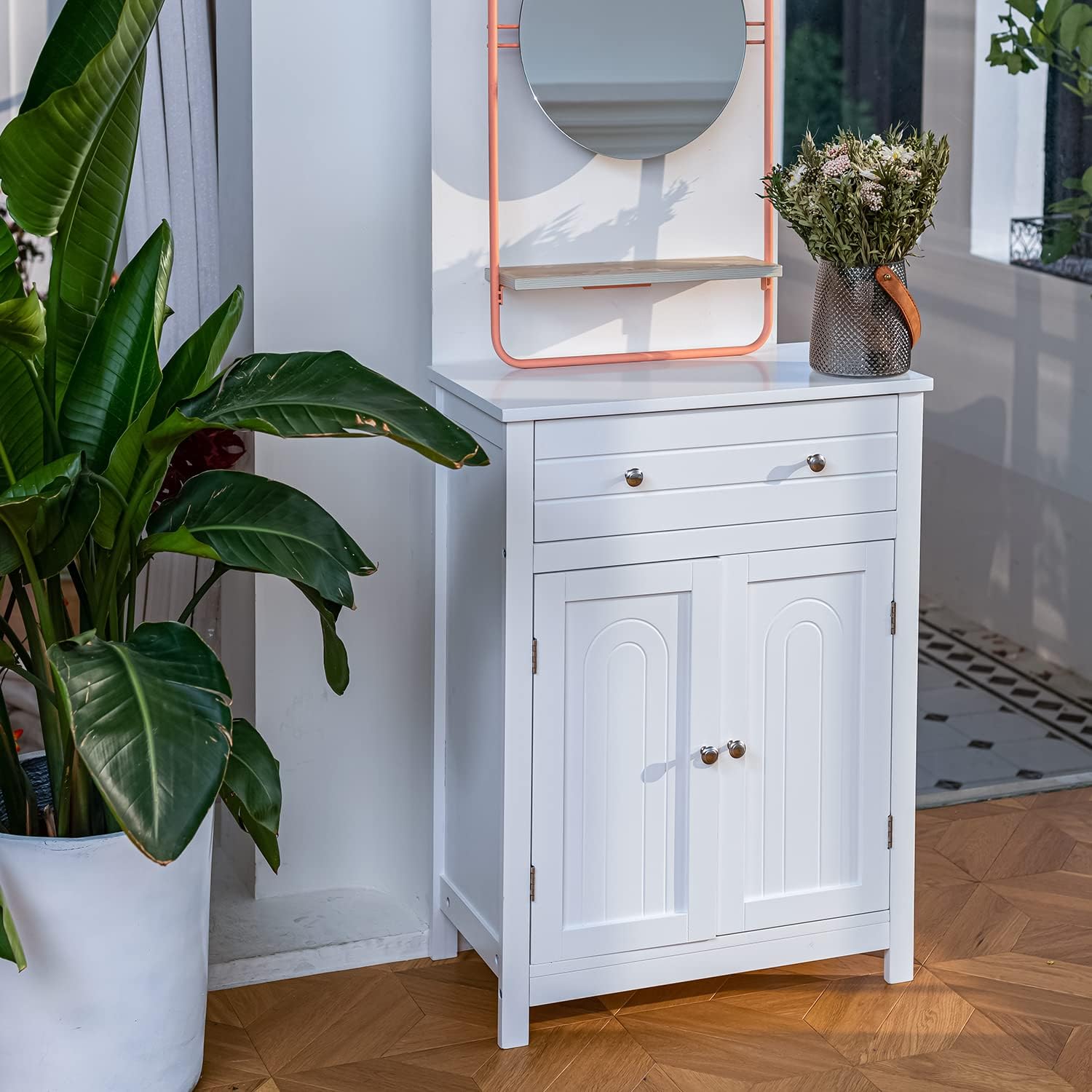 Gabinete de Almacenamiento para Piso de Baño con Puerta Doble, Estante Ajustable, para Baño, Sala de Estar, Cocina, Estilo Nórdico Escandinavo, Fácil Montaje