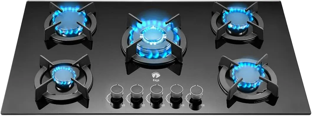 Raganet, Parrilla de Gas con 5 Quemadores, de Cristal Templado, Encendido Eléctrico, Estufa Empotrable y De Mesa, Compatible con Gas Natural y Gas LP Medidas: 88cm Largo X 51cm Ancho X 11cm Alto