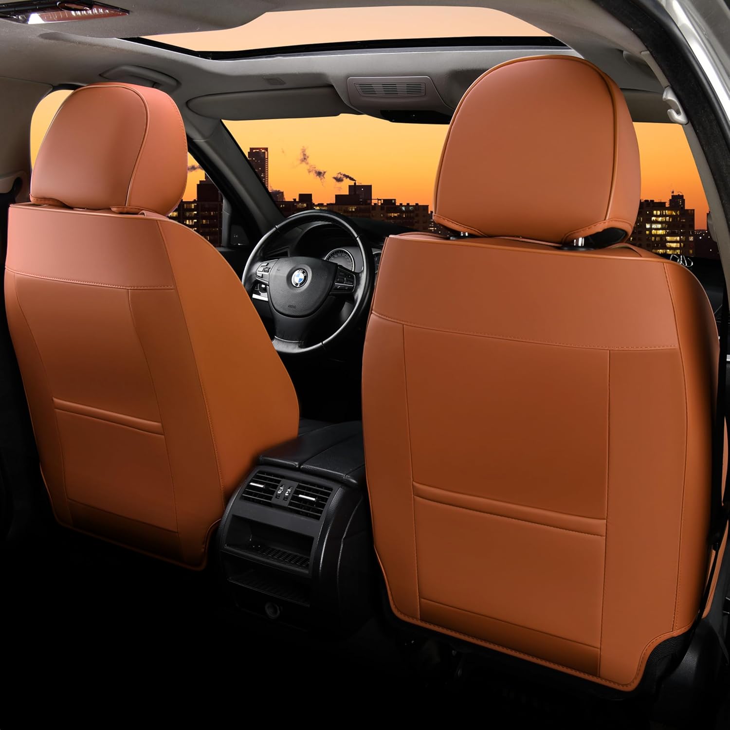 FLORICH - Juego completo de fundas de asiento de piel, fundas universales para 5 asientos, protector de asiento de coche, cojín de piel para asiento de coche, fundas de asiento de automóvil marrones,