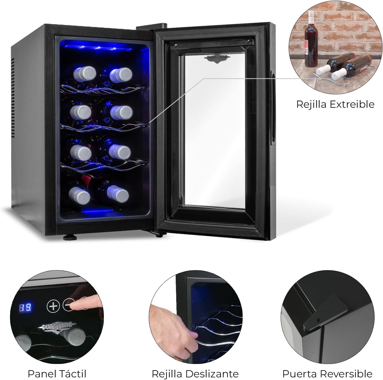 RACK & PACK Cava de Vinos para 8 Botellas 3 Rejillas Control de Temperatura Digital Iluminacion Led Azul Enfriador de Vinos Refrigerador para Vino Frigobar 8 – 18° C 55 W 22 L sin Vibraciones