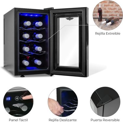 RACK & PACK Cava de Vinos para 8 Botellas 3 Rejillas Control de Temperatura Digital Iluminacion Led Azul Enfriador de Vinos Refrigerador para Vino Frigobar 8 – 18° C 55 W 22 L sin Vibraciones