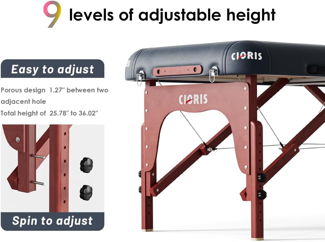 CLORIS - Mesa de masaje profesional de 84 pulgadas, portátil, 2 plegables, ligera, para spa, cama de tatuaje, altura ajustable con bolsa de transporte y pierna de aluminio que soporta hasta 1000