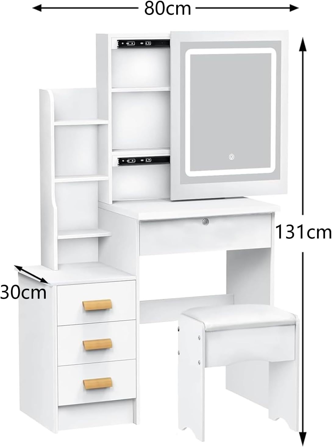 CAREEPD Tocador Vanity con Espejo luz led, tocador con Espejo con 4 Cajones, Escritorio de Maquillaje con Espejo Iluminado Led en 3 Colores,Blanco cálido Tocador de señora (Gabinete Izquierdo)