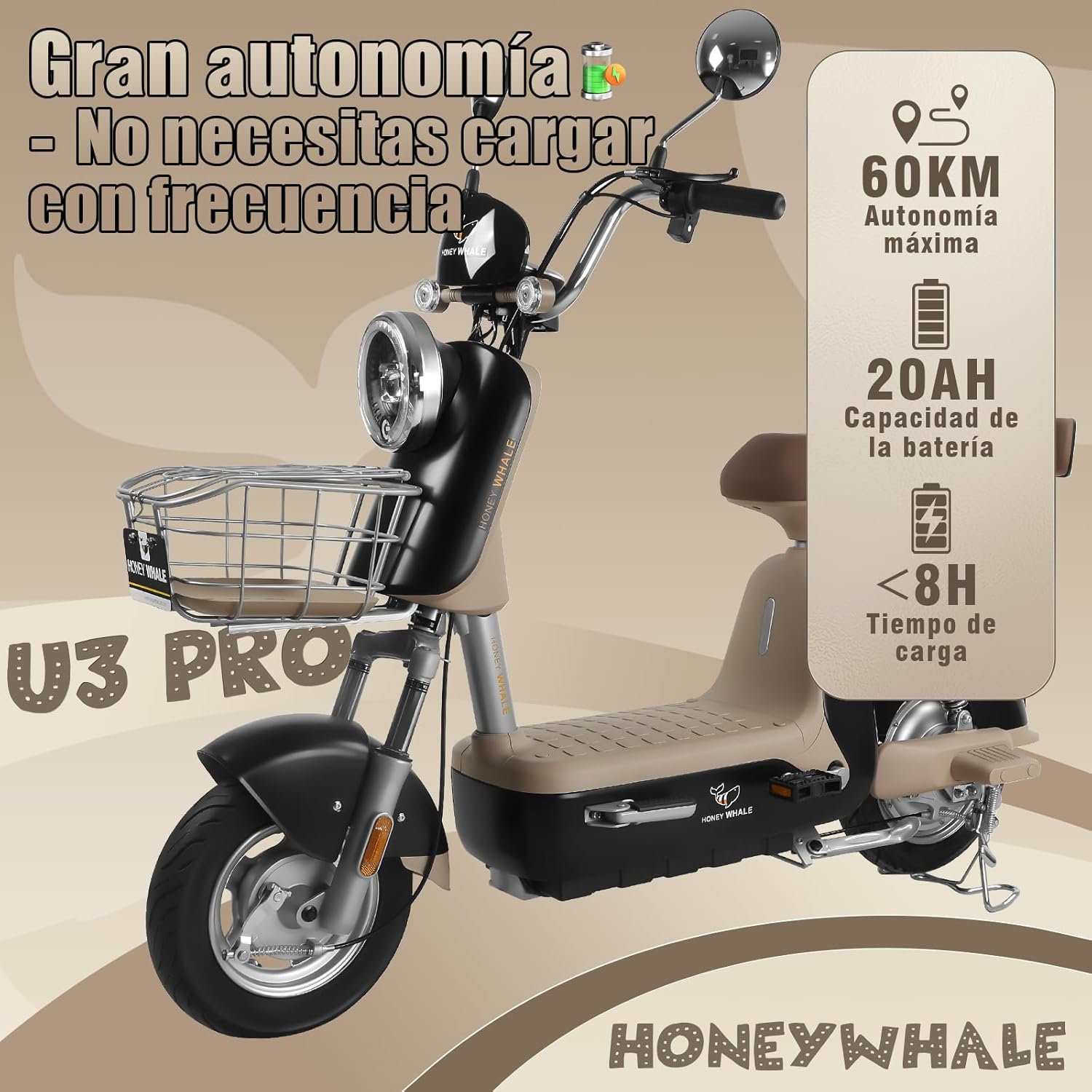 HONEYWHALE U3 PRO Bicicleta Electrica para Adultos, Moto Electrica con Alarma, Potencia Motor 650W-Max, Velocidad 31KM/H-Max, Autonomia 60KM, Bateria 20AH de Gran Capacidad